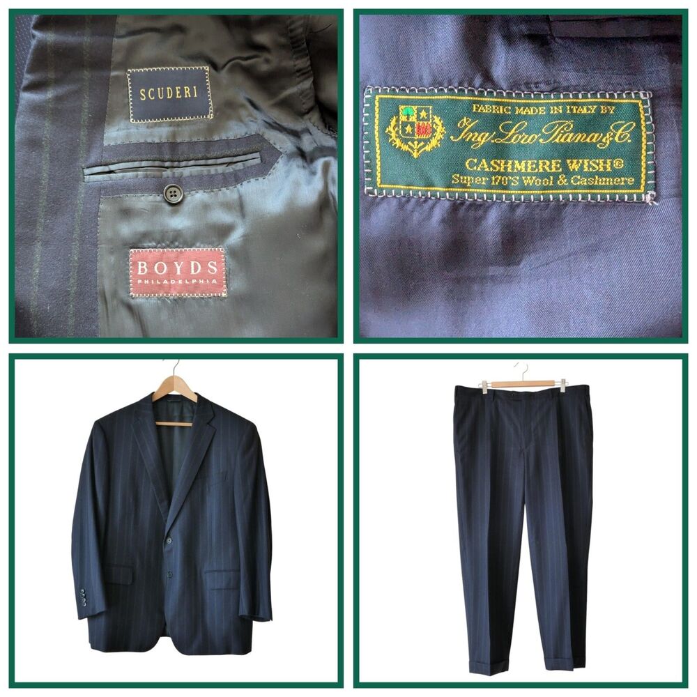 SCUDERI for Boyds Sz 46R Loro Piana Wool Cashmere Blend Suit Navy Green Stripe